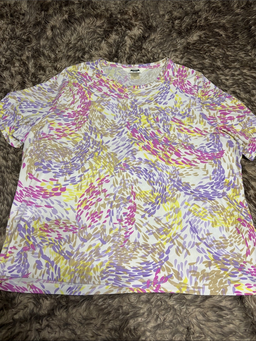 Alia White Short Sleeve Tee with Pink, Purple & Yellow Print